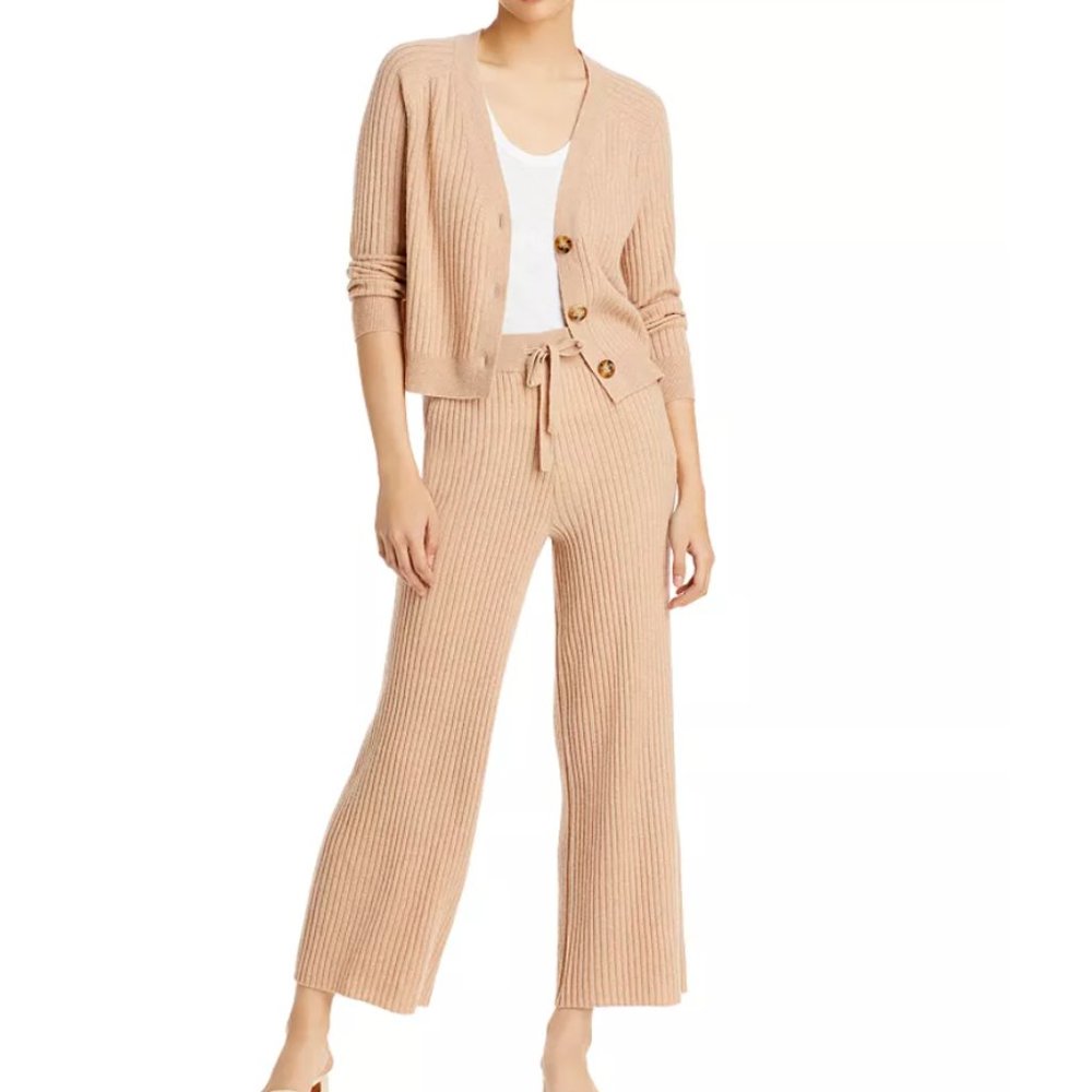 C by Bloomingdale's Cashmere Ribbed Cashmere Wide Leg Pants-Nougat/camel/tan